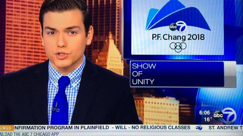 WLS-TV in Chicago confuses Pyeongchang with P.F. Chang’s on a Saturday morning broadcast. A spokesperson said the graphic was created for a different “satirical piece,” the Chicago Tribune reported.